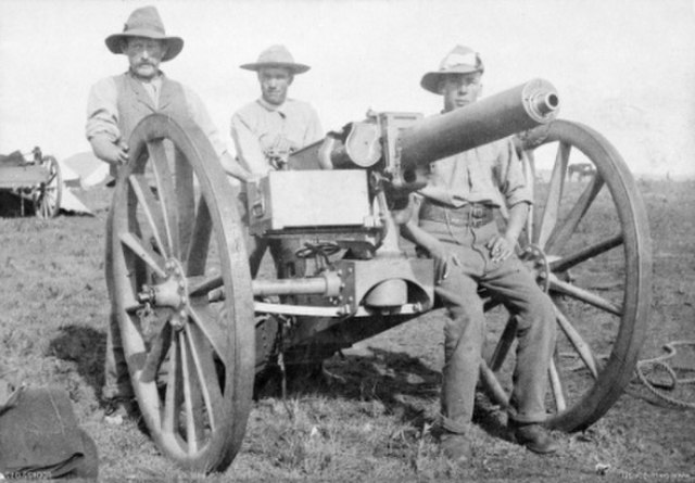 Australian troopers with a captured 1-pounder in South Africa circa. 1901