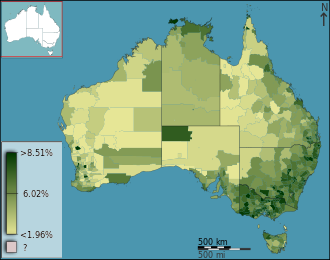 People attending secondary school as a percentage of the local population at the 2011 census, geographically subdivided by statistical local area Australian Census 2011 demographic map - Australia by SLA - BCP field 2829 Secondary Total Persons.svg