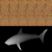 Beispiel aus Das Magische Auge - oben das Stereogramm, unten das darin verborgene 3-D-Bild