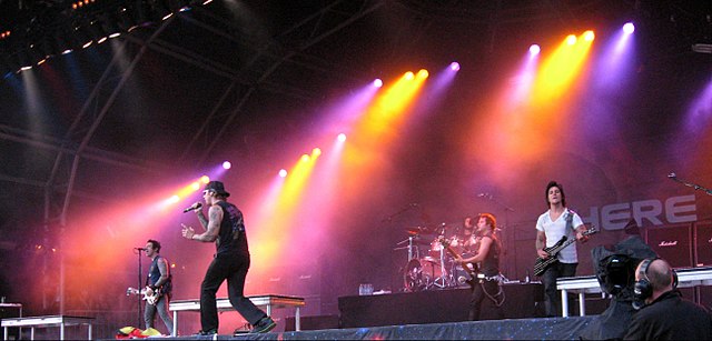 Avenged Sevenfold performing at the Sonisphere Festival on August 2, 2009. This was The Rev's final show with the band before his death.