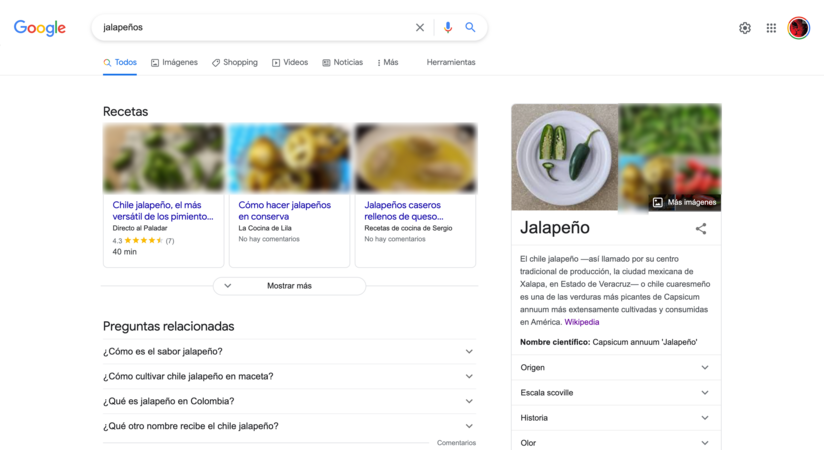 Búsqueda de jalapeño en Google, el 18 de marzo de 2022. En esta búsqueda de Google sobre el jalapeño contamos con un panel Google Knowledge Graph que incluye texto de Wikipedia e información adicional de otras webs. Tomé esta foto el 21 de mayo de 2020 y la subí a las 18:38. Hoy está en portada si buscas "jalapeño". Es la envidia de cualquier SEO Manager.