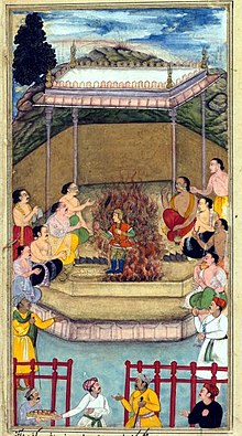 A Mughal painting by Bilal Habsi depicting the birth of Dhrishtadyumna. A folio of Razmnama, the Persian translation of the epic BILAL HABSI yaja upayaja performs yagna and emerges of dhristadhyumna.jpg