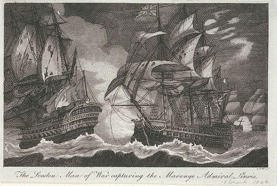 The London Man of War capturing the Marengo Admiral Linois, 13 March 1806, "W. C. I."