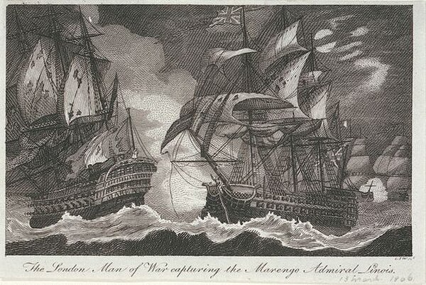 Capture of Marengo (ex-Jean-Jacques Rousseau, left) by HMS London (right)