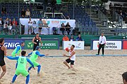 Deutsch: Beachhandball Europameisterschaften 2019 (Beach handball Euro); Tag 3: 4. Juli 2019 – Männer, Platzierungsrunde Gruppe III, Slowenien-Türkei 0:2 (18:18, 22:23) English: Beach handball Euro; Day 3: 4 July 2019 – Men Consolation Round Group III – Slovenia-Turkey 0:2 (18:18, 22:23)