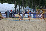 Deutsch: Beachhandball Europameisterschaften 2019 (Beach handball Euro); Tag 2: 3. Juli 2019 – Frauen, Vorrunde Gruppe D, Dänemark-Russland 2:0 (21:16, 18:12) English: Beach handball Euro; Day 2: 3 July 2019 – Women Preliminary Round Group D – Denmark-Russia 2:0 (21:16, 18:12)