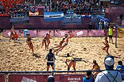 Deutsch: Beachhandball bei den Olympischen Jugendspielen 2018; Tag 3, 10. Oktober 2018; Mädchen, Vorrunde, Gruppe B - Niederlande-Argentinien 2:0 English: Beach handball at the 2018 Summer Youth Olympics at 10 October 2018 – Girls Preliminary Round Group B‎ – Netherlands-Argentina 2:0