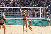 Deutsch: Beachvolleyball bei den Olympischen Jugendspielen 2018; Tag 11, 17. Oktober 2018; Jungen, Spiel um Platz 3 – USA (Devon Newberry/Lindsey Sparks)-Norwegen (Emilie Olimstad/Frida Berntsen) 1:2 (21–1/13–21/9–15) English: Beach volleyball at the 2018 Summer Youth Olympics at 17 October 2018 – Bronze Medal Match – USA (Devon Newberry/Lindsey Sparks)-Norway (Emilie Olimstad/Frida Berntsen) 1:2 (21–1/13–21/9–15)