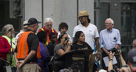 Bernie Sanders and Black Lives Matter activists in Westlake Park, Seattle, August 8, 2015