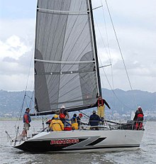 Carbon fiber mainsail, showing grey-scale hues typical of the material. Bodacious (sailboat by Farr Yacht Design).jpg