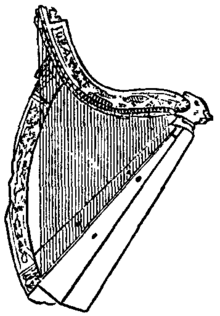 An old drawing of the Dalway harp from the 13th ed. Encyclopaedia Britannica Britannica Harp Irish Harp.png