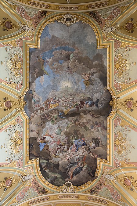 圖為布雷薩諾內主教座堂的天頂濕壁畫——《羔羊的敬拜》，由保羅·特羅格爾繪於1748至50年。