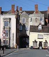Ludlow had seven gates in its town walls; the only one remaining is the Broad Gate (viewed from the south). Broad Gate, Ludlow - geograph.org.uk - 1744340.jpg