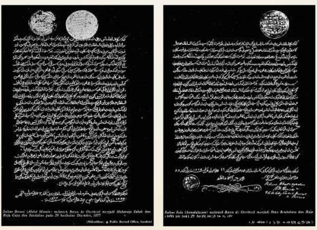 Left: The first concession treaty was signed by Sultan Abdul Momin of Brunei on 29 December 1877. Right: The second concession treaty was signed by Su