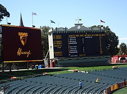 Empty seats at Adelaide Oval prior to the round 18 match between Hawthorn and Gold Coast. Restrictions on venue capacity had been implemented to combat the spread of COVID-19. COVID Regulations - No Seats Available (50811794966).jpg