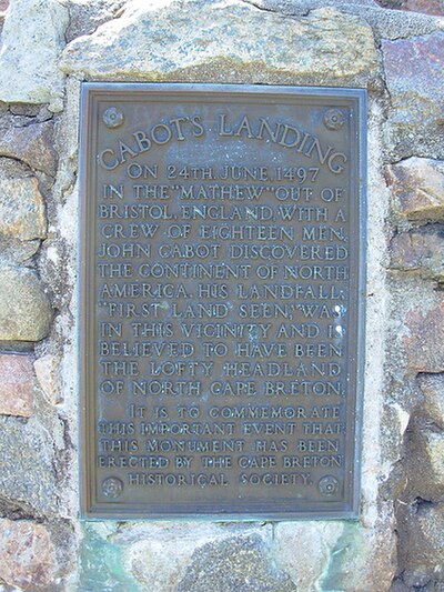 Cabot's Landing, Victoria County, commemorating the "first land seen" by explorer John Cabot in 1497