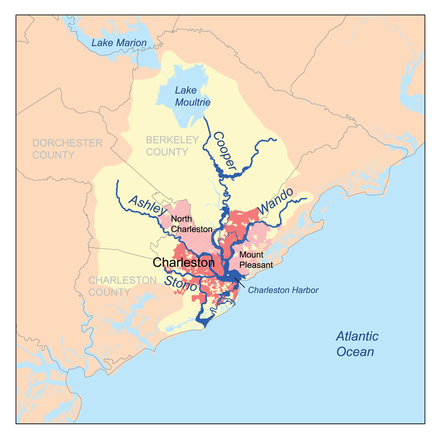 Map showing the major rivers of Charleston and the Charleston Harbor watershed