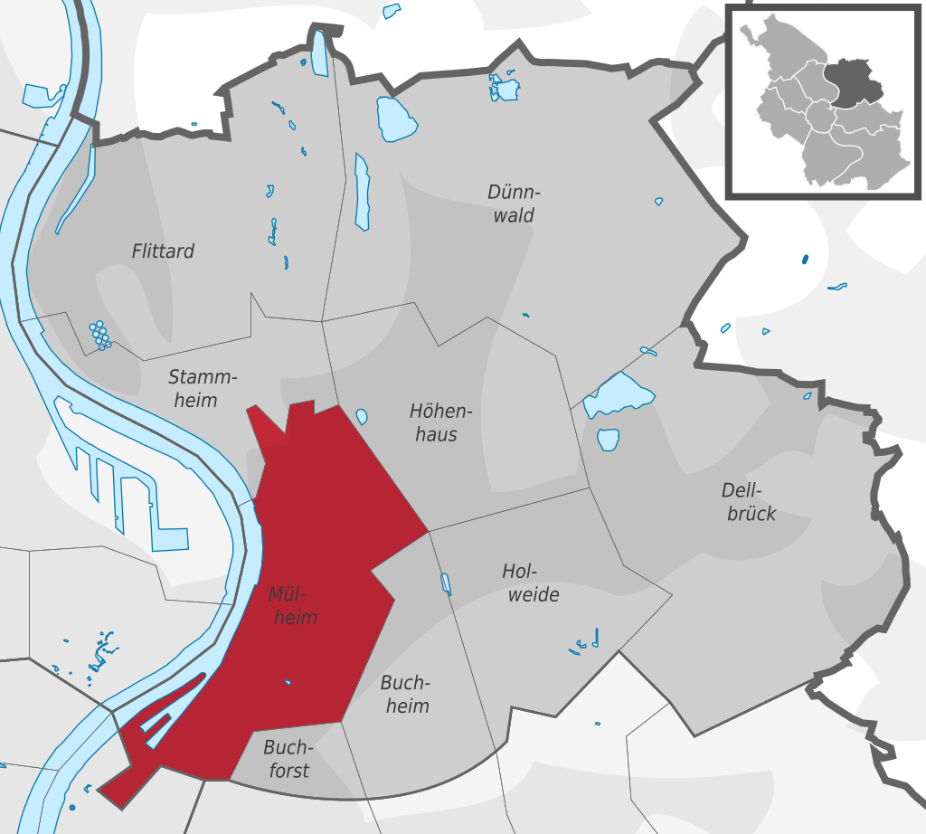 Lage des Stadtteils Mülheim im Stadtbezirk Köln-Mülheim