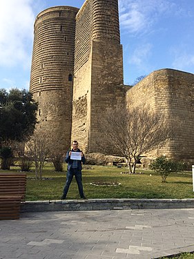 Congratulations to Serbian Wikipedia from Azerbaijan (Maiden Tower, Baku)