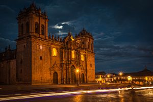 The Cathedral Basilica of the Assumption of the Virgin in Cusco is a World Heritage Site. Cusco Peru Night City Cathedral.jpg