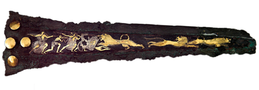 Dagger inlaid Mycenaean 16 c BC, NAMA 394 1080834 cropped white bg