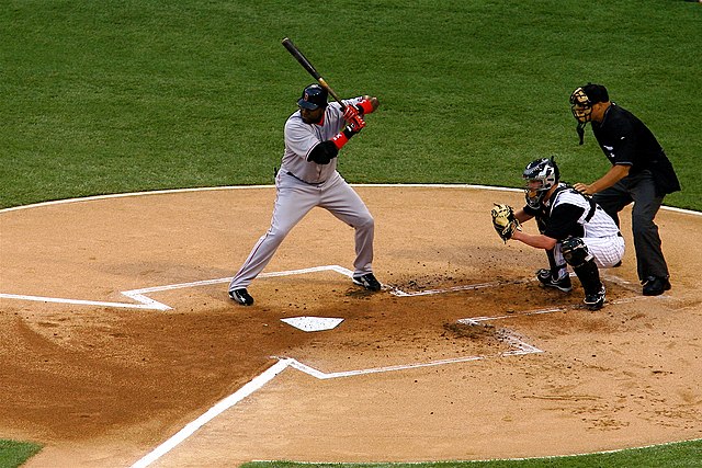 David Ortiz (in gray) of the Boston Red Sox stands in the left-handed hitters' batter's box at U.S. Cellular Field against the Chicago White Sox on Ju