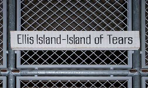 Sign-board "Ellis Island - Island of tears" German Emigration Center Bremerhaven