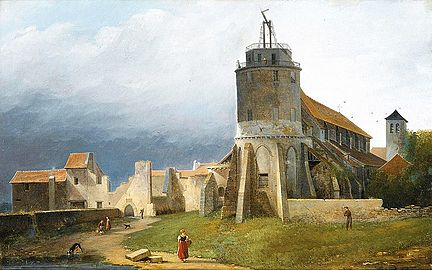 Ruins of the chapel, with a tower used as telegraph station, by Antoine-Louis Goblain (1820)