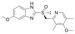 Esomeprazole, a blockbuster drug, is an enantiopure drug containing a sulfoxide functional group. The related drug omeprazole is the racemic version. Esomeprazole.svg