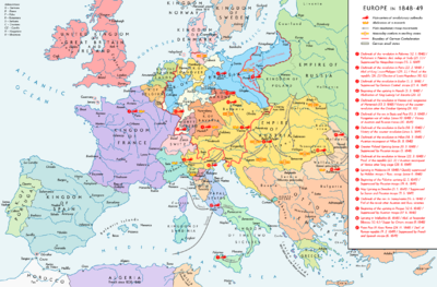 Map of Europe in 1848-1849 depicting the main revolutionary centers, important counter-revolutionary troop movements and states with abdications Europe 1848 map en.png