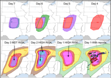 A montage of the Storm Prediction Center's severe weather outlooks leading up to the outbreak. The final image is a verification of the day one high-risk outlook with reported events. Evolution of SPC Forecasts Leading to April 14, 2012.png