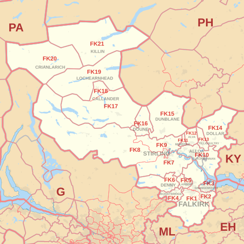 FK postcode area map, showing postcode districts in red and post towns in grey text, with links to nearby EH, G, KY, ML, PA and PH postcode areas. FK postcode area map.svg