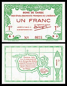 A one-franc World War II banknote (1943), printed in Papeʻete, depicting the outline of Tahiti on reverse