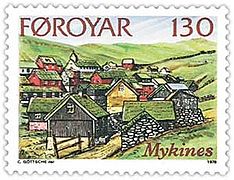 The village of MykinesStamp FR 26 of the Faroe IslandsIssued: 26 January 1978Graphical art by Charles Göttsche