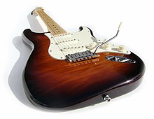 Stratocaster body, showing prominent contouring and extended upper horn, three single-coil pickups and controls