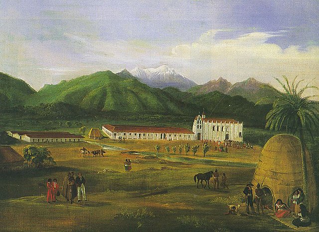 Mission San Gabriel Arcángel in 1832, painted by Ferdinand Deppe