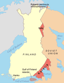Drawing shows that the Finns had to cede a small part of the Petsamo Kalastajansaarento, part of Salla in the Finnish Lapland, large of part Karelia, many island of the Gulf of Finland and lease Hanko peninsula.