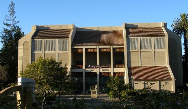 Front entrance of De Anza's Flint Center, seen early in the film during dialogue between the fictionalized Jobs and Wozniak