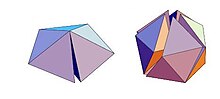 Tetrahedral packing: The dihedral angle of a tetrahedron is not commensurable with 2p; consequently, a hole remains between two faces of a packing of five tetrahedra with a common edge. A packing of twenty tetrahedra with a common vertex in such a way that the twelve outer vertices form an irregular icosahedron FrustrationIcosaedre.jpg