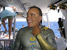 Dr. George 'Doc' Lopez after setting US National record for the Free Immersion diving in 2006. GEO LOPEZ ICU.jpg