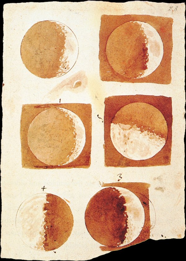 Galileo's 1616 drawings of the Moon and its phases. Monday is named after the Moon in many languages.