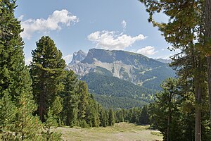 Vedere din vest spre Seceda;  lăsate în fundal pe Sass Rigais și Furchetta