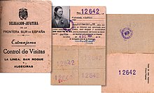 Spanish border pass for Gibraltarian residents, permitting day visits only. Gibraltar-LaLinea-Algeciras-multiDayTripPass 1964.jpg