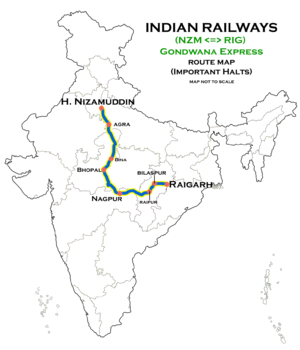 Gondwana Express (نظام الدین - رایگار) Route map.png