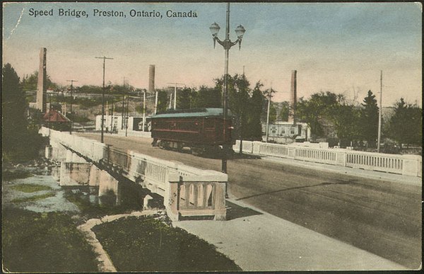 A streetcar crosses the Speed River c. 1910.