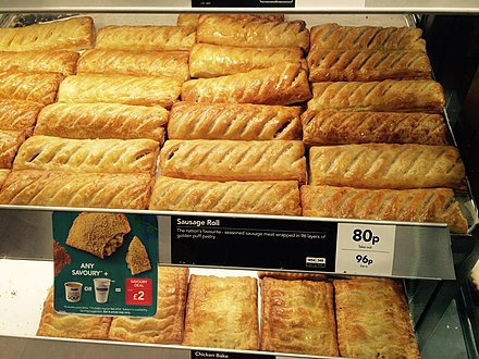 Sausage rolls for sale in the UK at a branch of Greggs.