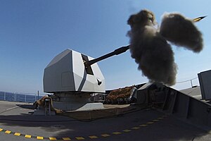 HMS DEFENDER fires her 4.5 inch Mk 8 Mod 1 naval gun MOD 45157963.jpg