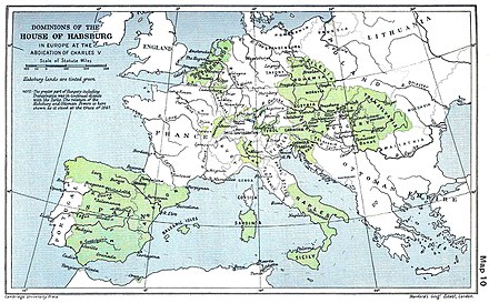 A map of the dominion of the Habsburgs following the Battle of Mühlberg (1547) as depicted in The Cambridge Modern History Atlas (1912); Habsburg lands are shaded green. From 1556 the dynasty's lands in the Low Countries, the east of France, Italy, Sardinia, and Sicily were retained by the Spanish Habsburgs.