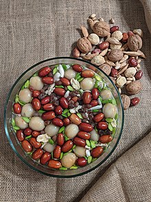 bowl of fruit and nuts in syrup