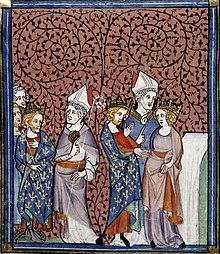 Henry I sending a bishop, and his marriage to Anne, Grandes chroniques de France, Royal 16 G.VI, f.269v, c. 1332-1350 (22727649151).jpg